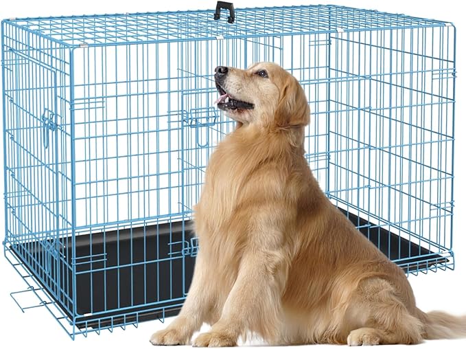 Heavy Duty Large Dog Crate, 48 Inch Dog Crates for Large Dogs, Metal Wire Folding Dog Cage with Removable Trays, Locks, Double-Door, Divider Panel, Handle, XXL Dog Crate Pet Crate (48 in, Blue)
