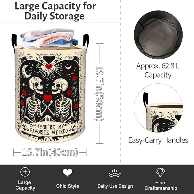 Gothic Skull Laundry Basket, Skeleton Couple Foldable Oxford Cloth, Waterproof Dirty Clothes Hamper with Handles, Clothing Storage Bin Toy Organizer for Bedroom Dorm Bathroom, 19.7"x15.7"