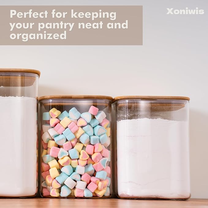 4.6Qt Large Glass Flour Sugar Storage Containers with Bamboo Lids | Wide Mouth Design, With Measuring Cup, Minimalist Kitchen Organizer,Scandinavian Style Storage,Nordic Style Storage