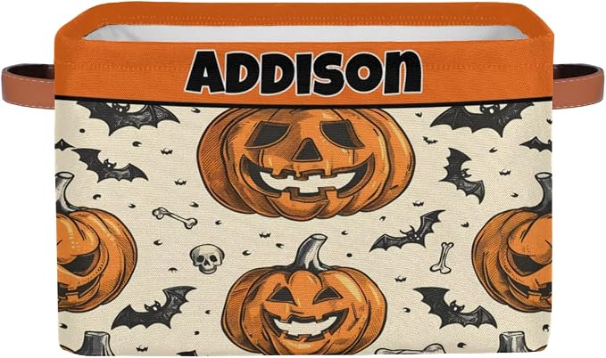 Custom Name Storage Basket Happy Halloween Pumpkin Bat Storage Box Bins Organizing Kids Pets Toys Closet Shelf Clothes Books