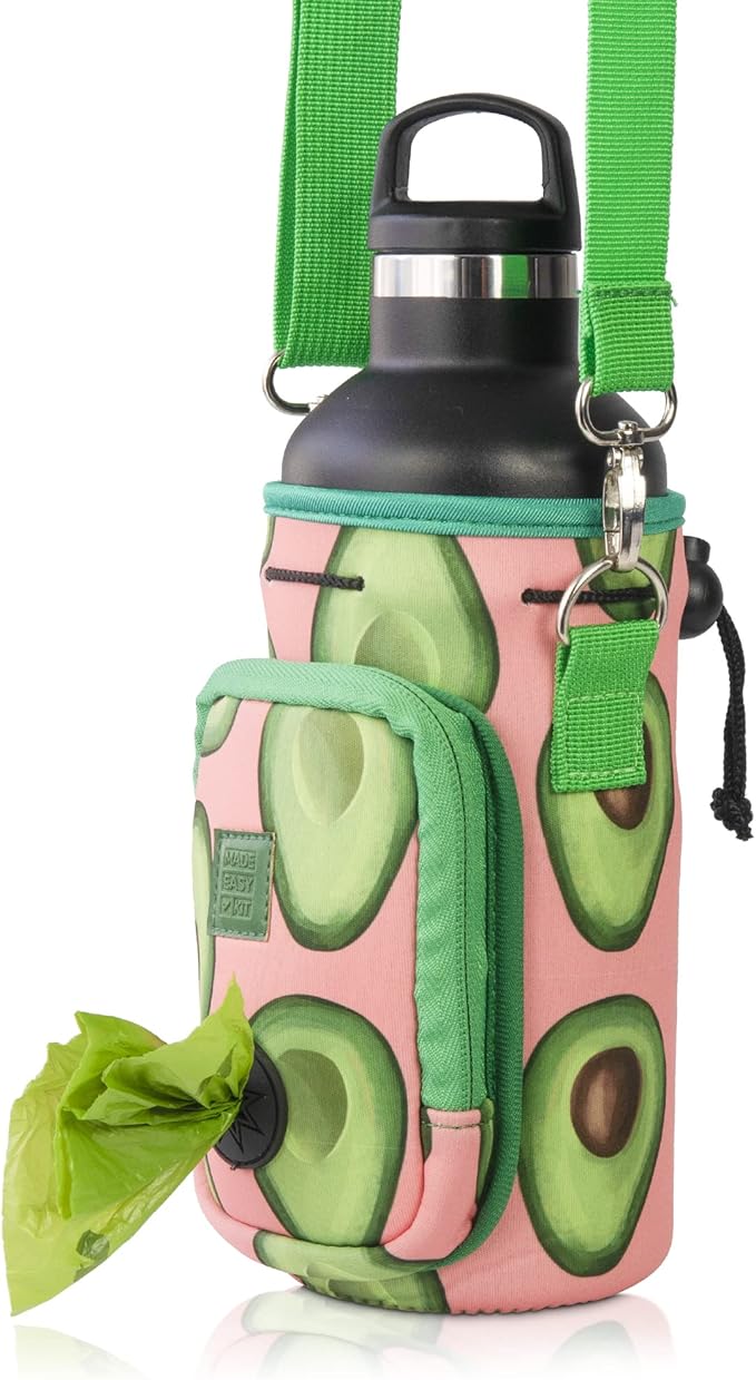 Made Easy Kit Water Bottle Carrier with Pocket for Dog Poop Waste Bags and Adjustable Padded Shoulder Strap (Large (32oz) with Bowl, Green/Pink, Avocado)