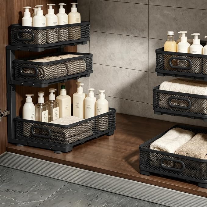 2 Pack 3 Tier Under Sink Organizer with Pull Out Drawer, Height Adjustable Heavy Duty Metal Under Cabinet Organizer, Smooth Sliding Storage Shelf for Kitchen, Bathroom Cabinet Organization, Black