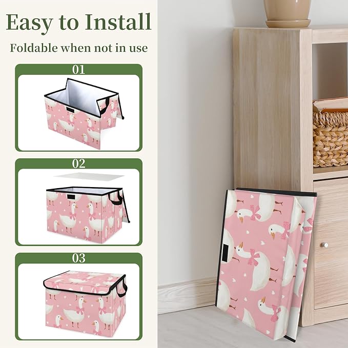 Cute Goose Storage Bins with Lids, Pink Bow Foldable Storage Boxes with Carrying Handle Organizer Containers Baskets Cube for Home Bedroom Closet