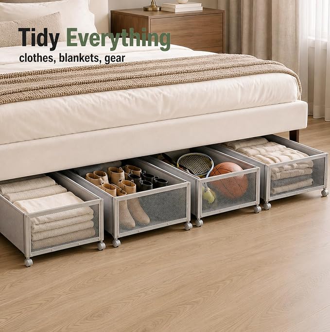 Fokyfok 2Pack Under Bed Storage Containers,10 inch Height,31 inch Long | Under Bed Shoe Storage,Underbed Storage with Wheels,Large Rolling under bed Clothes Storage Drawers,Lid,Dorm Tall,Grey