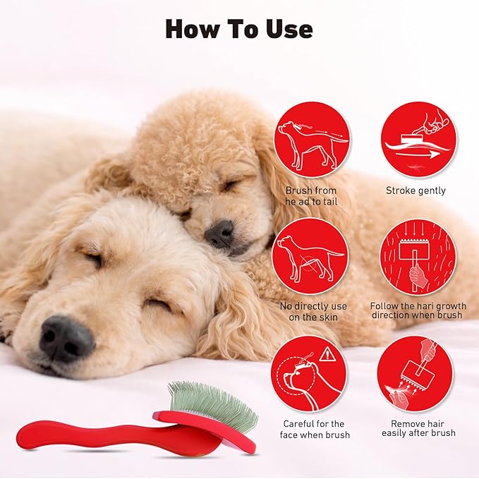 Dog Slicker Brush for Goldendoodles, Poodles & Long Haired Dogs - Long Pin Doodle Brush & Pet Comb Kit Removes Tangles Loose & Knots, Professional Grooming Tools with Wooden Handle, Red