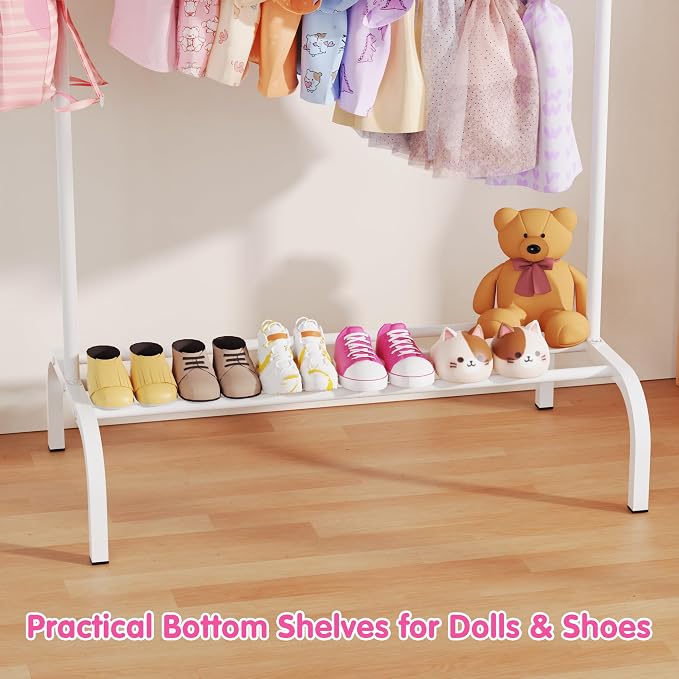 Kids Clothes Rack for Ages 3-6, Montessori Kids Clothing Rack, White | Kids Dress up Rack with Bottom Shelf & Side Hooks, Toddler Wardrobe Rack for Bedroom, Playroom, Nursery & Small Room Storage