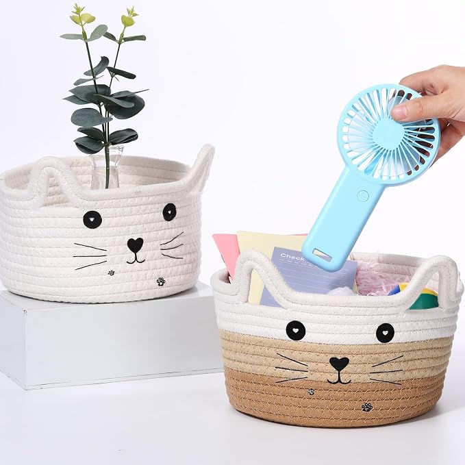 Zopeal Cat Woven Gift Basket Storage,8.3 x 4.7 Inch,Tan Gradient | Cute Cotton Rope Organizer with Handles for Toy Box, Nursery Decor, Decorative Bin, Pet Supplies Holder, Desk Storage