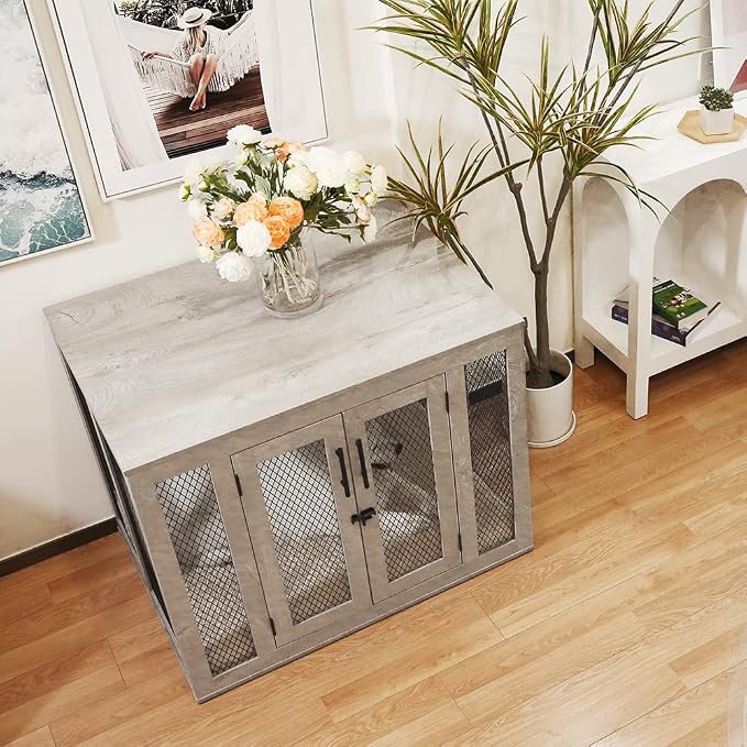 unipaws 38.5 Inch Large Dog Crate Furniture, Wooden Kennel for Large Breed | Indoor Decorative Wood Dog Cage, Inside Side End Table Crate with Tray and Dog Bed, Dog Enclosure