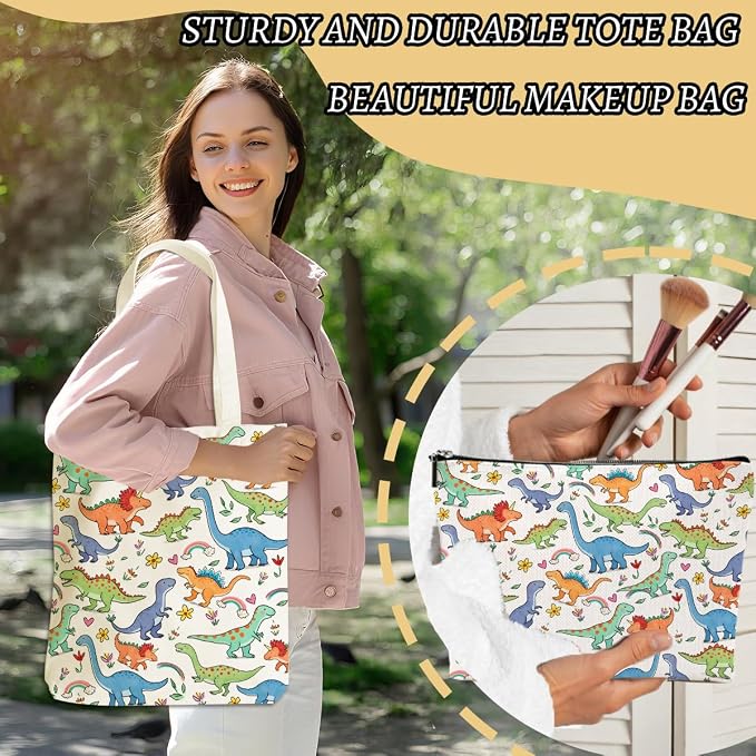Cute Dinosaur Gifts Cosmetic Bags for Women Girls Bestie Dinosaur Animals Lovers Canvas Tote Bag Makeup Bag, Reusable Grocery Bags with Inner Pocket for Shopping Birthday Christmas Thanksgiving