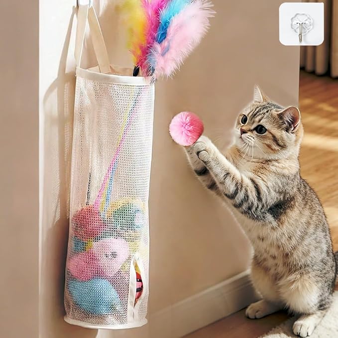 15.16" Cat Wand Toy Holder Organizer Storage Bag - Special Bottom Opening Design, Pet Kitten Stick Doy Toy Mesh Pockets for Cat Feather Teaser Toys Wall Hanging Basket Box Bin