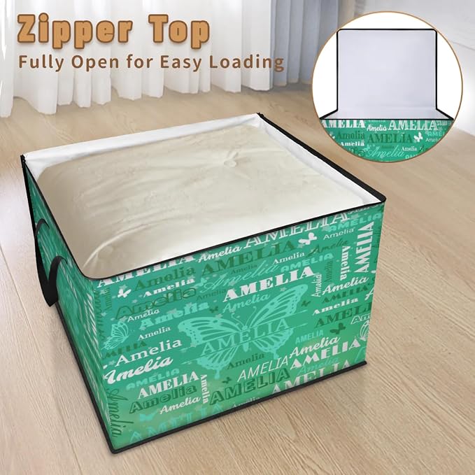 Custom Name Large Storage Bin with Lid, Personalized Storage Basket with Zippers for Organizing Comforters, Blankets, Bedding Closet Shelf Baskets, Watercolor Green Butterflies