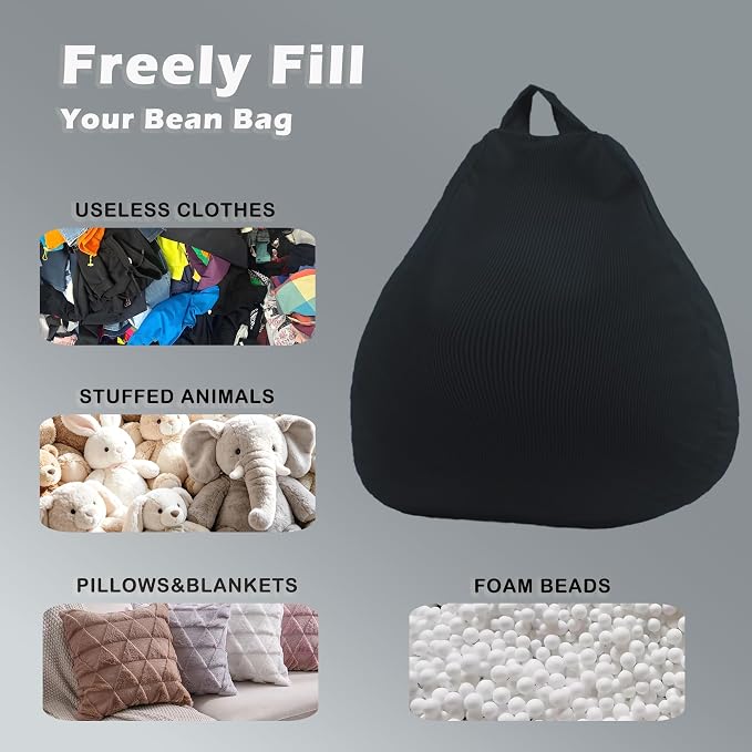 LPMOERA Stuffed Animal Storage Soft Bean Bag Chair Cover No Filler Black | Skin-Friendly,Portable,Wide Easy-Load Opening,Hidden Zipper,Decorative Organizer
