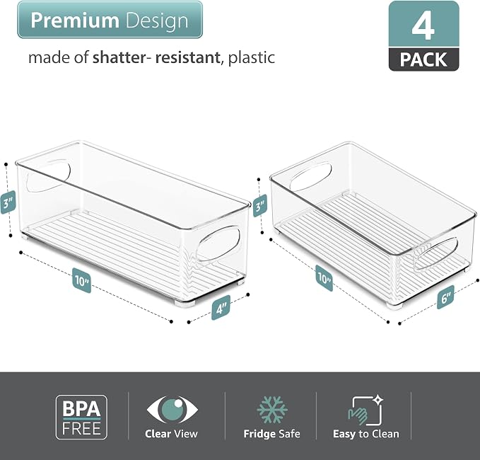 Sorbus Fridge Organizers and Storage, Clear Bins with Handles (4 Pack) | Built-in grips support easy access and transport; plastic containers organize food in freezers, drawers and countertops.
