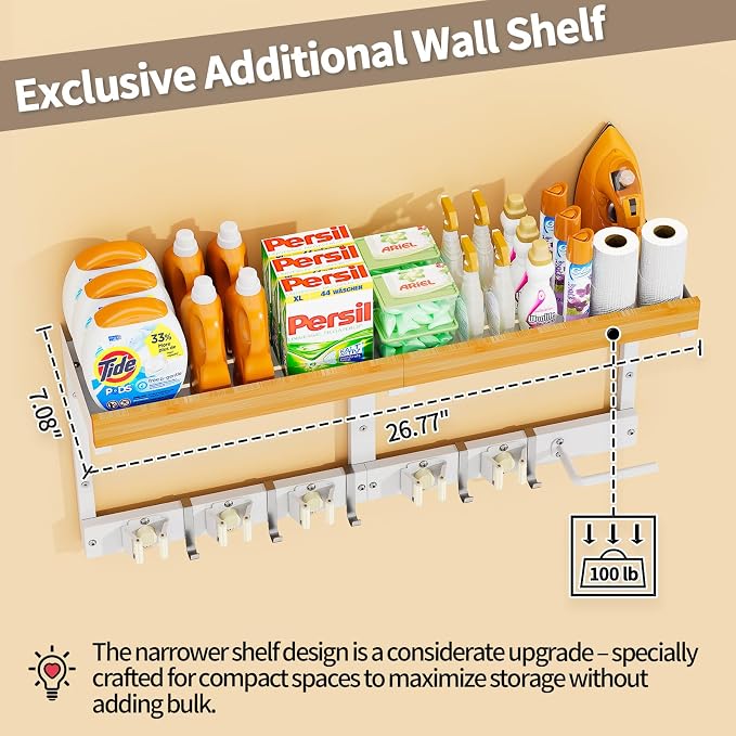 Broom and Mop Organizer Wall Hanging, Broom Hanger Holder Wall Mount | 3-in-1 Mop and Broom Holder Wall Mount with 5 Racks,5 Hooks,Storage Shelf & Vacuum Organizer for Garage,Kitchen,Laundry Room