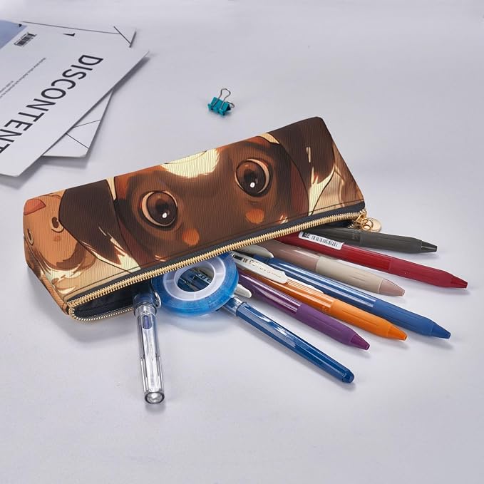 Dachshund Weiner Pet Dogs Print Pencil Case Leather Pen Bag Pencil Pouch Lovely Stationery Bag Portable Cosmetic Bag Zipper Organizer Bag