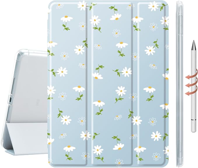 Cute White Floral Case for 13" iPad Pro(2024), Clear TPU Smart Stand Back Cover with Pencil Holder, Auto Wake/Sleep Foldable Shockproof Protective Case