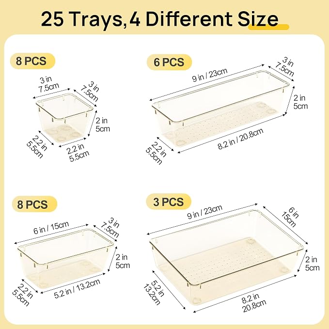 Vtopmart 25 Pack Plastic Drawer Organizers with Non-slip Rubber Pads | 4-Size Versatile Makeup Organizer, Storage Containers Small Bins for Makeup, Jewelries, Bedroom, Kitchen Utensils and Office