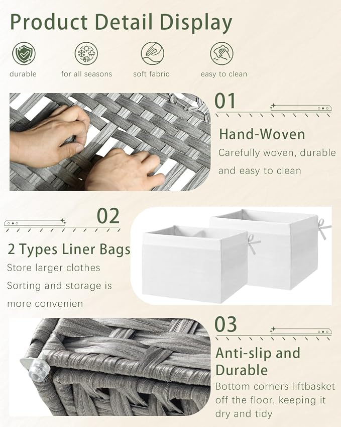SETVSON Storage Basket with Lid PE Rattan 27.8 Gal Wicker Chest, Gray | 105L Woven Wicker Baskets with 2 Separate Lids, 2 Removable, washable linings, Sturdy Iron Frame, 25.2 x 15.4 x 16.1 Inches