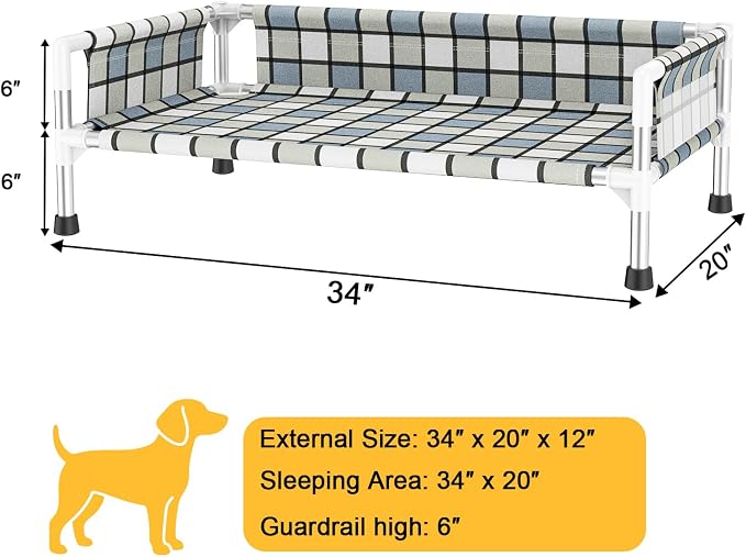 Elevated Dog Bed with with Guardrail, Raised 3-Fence Dog Hammock Bed | Breathable Lifted Stainless Steel Frame Dog Bed for Medium Pets, Cooling Washable Dog Cot