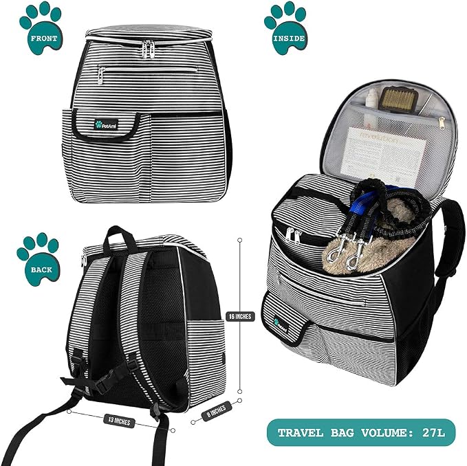 PetAmi Dog Travel Backpack Airline Approved Pet Supplies Bag, Stripe Black | Cat Traveling Suitcase Organizer for Weekend Road Trip Camping; 2 Food Containers, 2 Collapsible Bowls & Poop Bag Dispenser