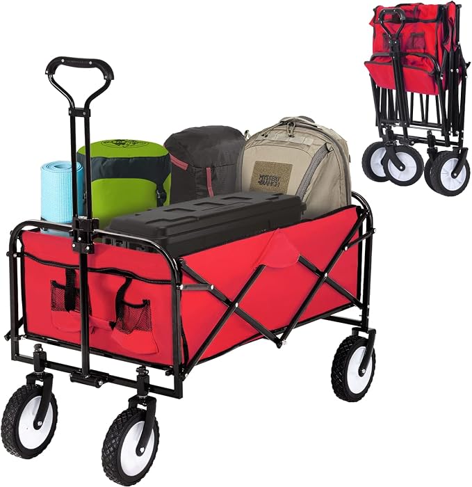 FDW Collapsible Wagon Folding Beach Grocery Garden Cart with 4 Universal Wheel for Shopping Park Picnic, Trip, Outdoor Activities, Camping(Red)