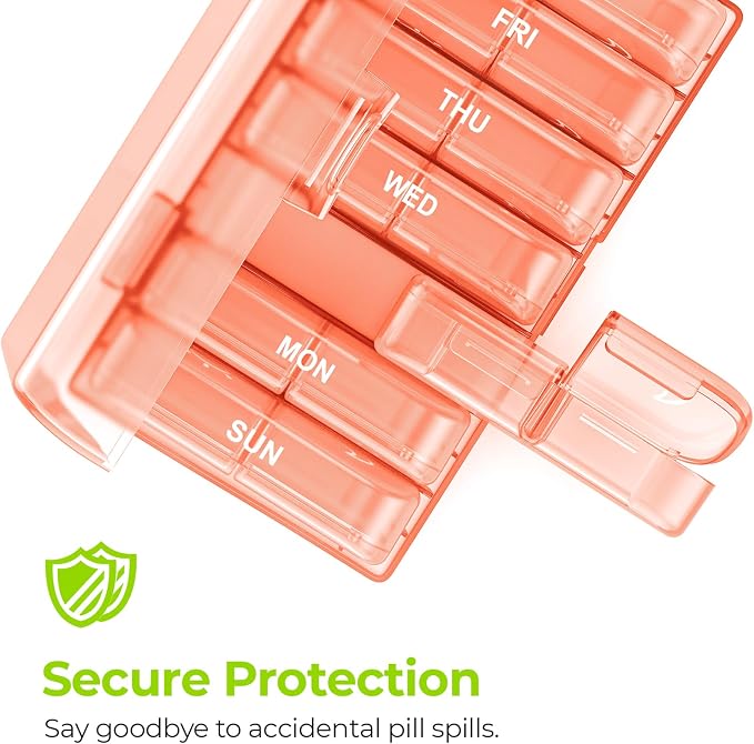 AUVON Weekly Pill Organizer 2 Times a Day, One-Sided Opening, Easy to Use | AM PM Pill Case, XL Pill Box 7 Day, Travel Medication Organizer for Medication, Vitamins, Fish Oils, Supplements, Peach Pink