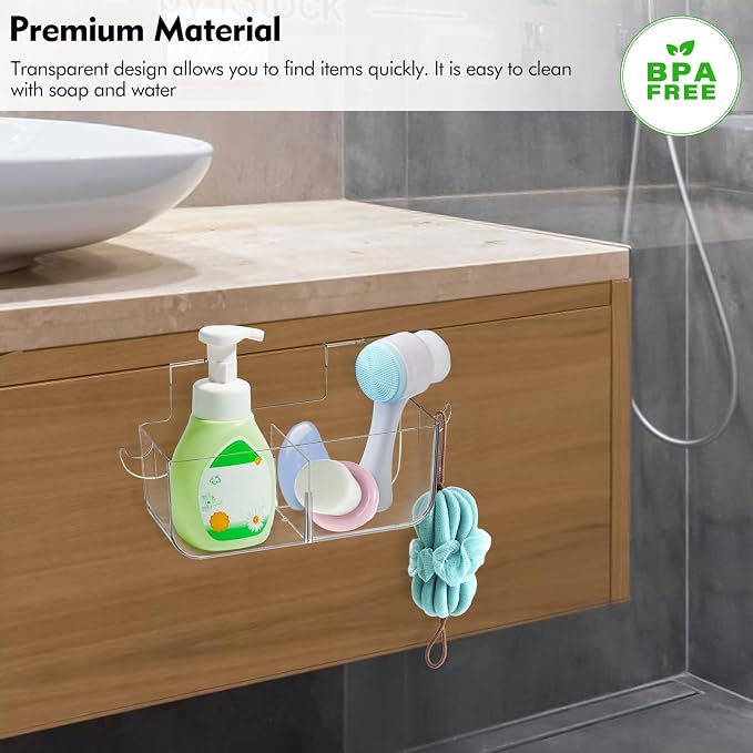 Poeland 2 Pack Over Cabinet Door Organizer, Plastic Storage Bin with 2 Hooks, Over Cabinet Holder for Kitchen, Pantry, Bathroom, Inside or Outside Door (Transparent)