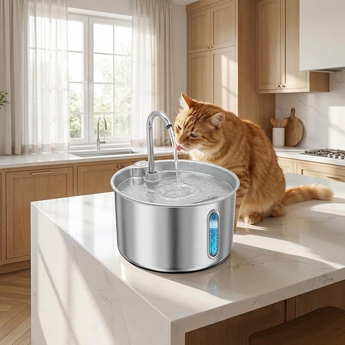Stainless Steel Cat Water Fountain, 74oz/2.2L Automatic Pet Water Dispenser with 3 Filters & 2 Water Outlets, Quiet Indoor Drinking Fountain for Cats Small Dogs, Water Level Window