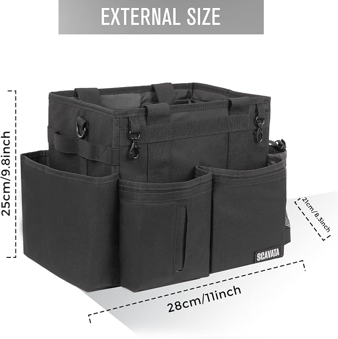SCAVATA Compact Wearable Cleaning Caddy with Handle & Shoulder Straps | Small Cleaning Supplies Organizer, Under Sink & Car Cleaning Tools Storage Bag for Housekeepers Cleaners, Black
