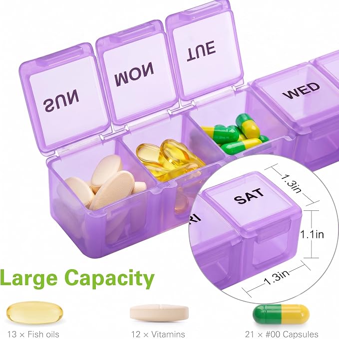 BUG HULL Weekly Pill Organizer Large 2 Packs, Extra Large Travel Pill Organizers, Pill Box 7 Day, Travel Pill Case, Medicine Pill Organizer for Medications (Lavender+ Pink)