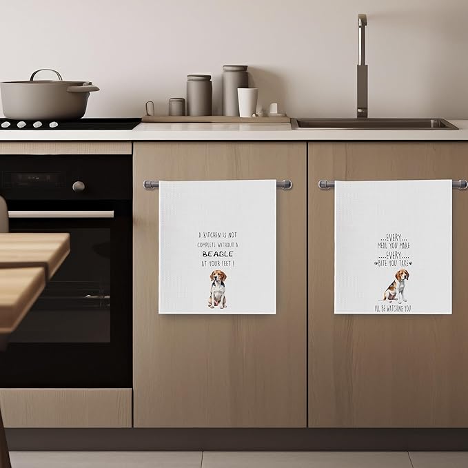 Funny Beagle Dish Towels Set - Beagle Gifts Decorative Waffle Weave Kitchen Towels, Hand Towel, Tea Towel (16×24 Inches, Set of 2)