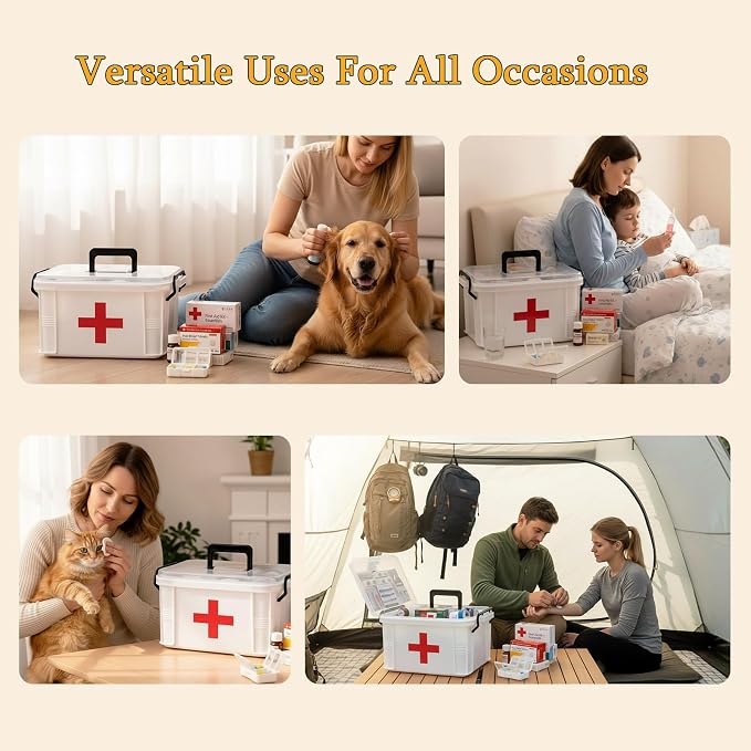2 Pack Clear Medicine Organizer Box with Handle, Plastic Medicine Container with Tray First Aid Box Empty, Thickened Medicine Storage Organizer Multipurpose Medication Organizer Storage, White
