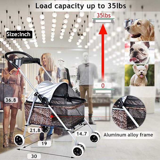 Dog Stroller Pet Stroller Cat Strollers Jogger for Small-Medium Dogs, Cats Folding Travel Carrier Durable 4 Wheels Doggie Cage with Cup Holder Waterproof Puppy Strolling Cart Leopard Skin