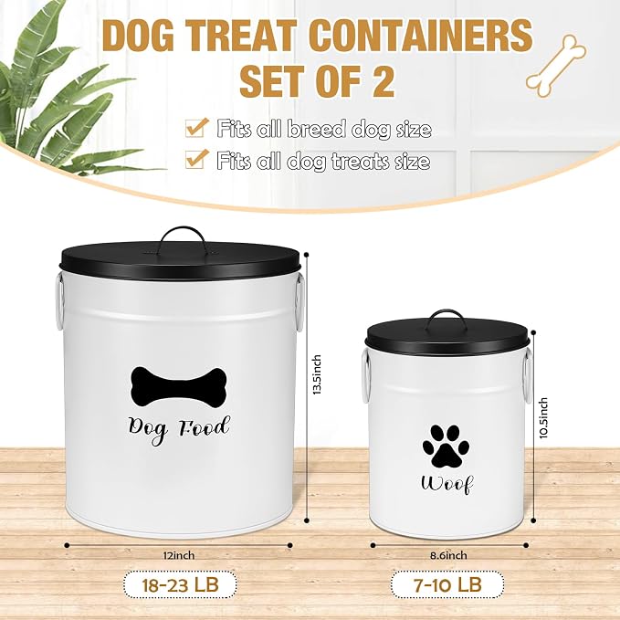 DoubleFill Extra Large 23+10 lb Metal Dog Food Storage Containers, White | Airtight Dog Treat Snack Jars with Lids and Spoon, Farmhouse Style Big Pet Cookie Storage Bin for Kitchen Counter, Set of 2