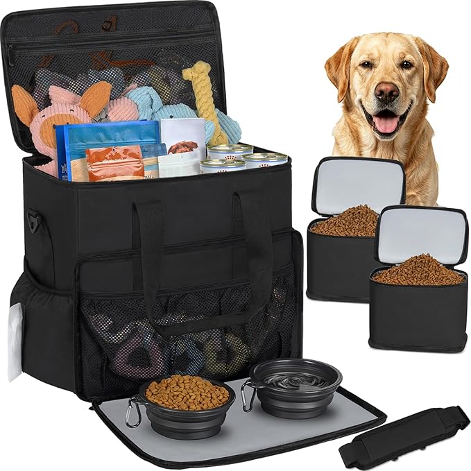 TORIBIO Large Dog Travel Bag for Supplies with Food Bowl | With 2 Food Container and Collapsible Bowls, Mat & Divider, Water-resistant, Pet Travel Kit for Weekend, Road Trips, Camping