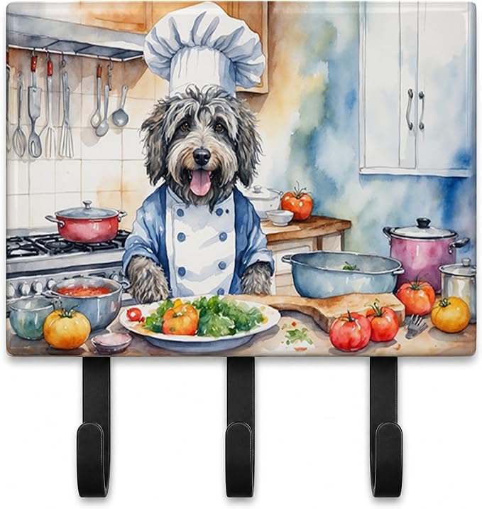 Caroline's Treasures Bergamasco Sheepdog The Chef Leash or Key Holder Wall Hooks, Key Hooks Holder, Coat Rack Wall Mount, Coat Hooks, Hooks for Hanging Keys, Towels, Aprons, Leashes | Bergamasco Sheepdog The Chef artwork on ceramic tile with three stee...