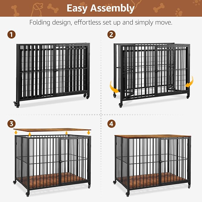 42.3" Large Dog Crate Furniture Foldable, Easy Assembly Dog Kennel Indoor | Heavy Duty Decorative Pet House, Wooden Dog Cage Side End Table with Wheels, for Small/Medium/Large Dogs, Rustic Brown