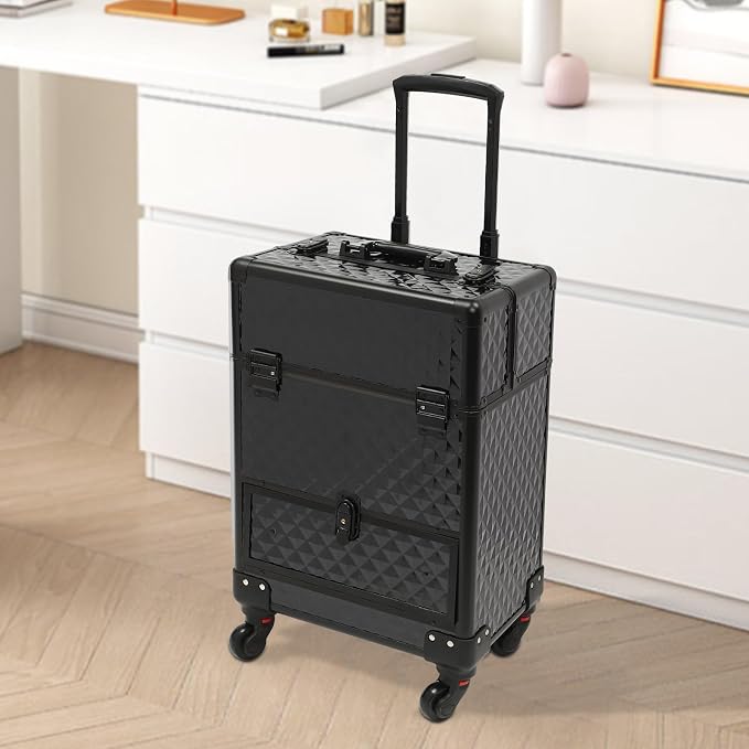 Portable Makeup Organizer Suitcase,Large Cosmetic Trolley (All Black) | Rolling Makeup Train Case,Professional Cosmetic Trolley,Cosmetic Storage Box,Travel Beauty Luggage Trolley Lockable