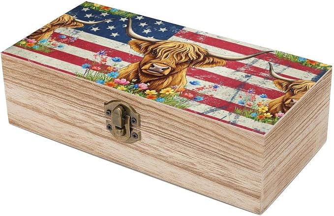 Wooden Keepsake Box for Letter Photo Gift Boxes with Hinged Lid, American | Flag Highland Cow Jewellery Organizer, Small Memory Storage Boxes, Holiday Party Favor Decor