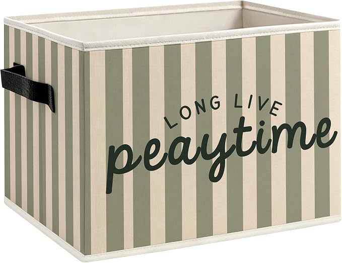 Kids Playroom Foldable Storage Bins Box with Handles, Long Live Playtime Retro Green Striped Decorative Storage Boxes Baskets Toybox Organizer for Kids Nursery Room Bedroom Playroom