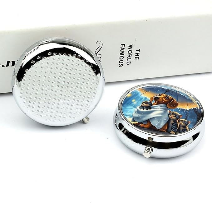 Pets Metal Round Pill Box, 3 Compartment Travel Organizer, Portable Pill Container with Secure Latch, 2 Inch Circular Vitamin Caddy for Pills and Vitamins, Gift for Him Her Elderly