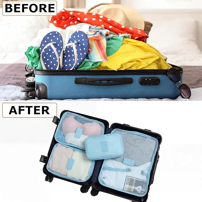 LANSKLBD 6/8 Set Packing Cubes for Suitcases Travel Luggage Packing Organizers,Travel Accessories Essentials Luggage Organizer with Shoe/Tioletry/Laundry Bag (Light Blue, 6 set)