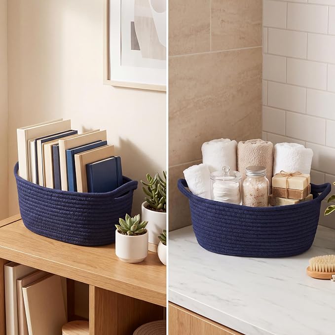 woric Navy Blue Baskets for Gifts Empty Small Woven Gift Basket | Blue Gift Basket for Baby Shower Storage Organizer Toys Presents ( 12"X 8" X 5" with Gift Bag Card Ribbon Tissue Paper)