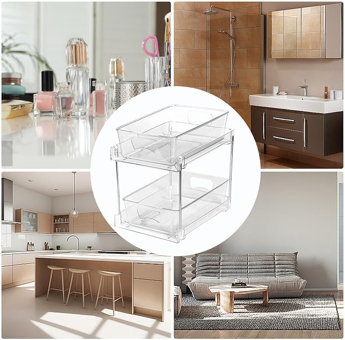 Under Sink Storage 2-Tier Pull Out Kitchen Storage Drawers | Vanity Organizer for Laundry Room Pantry Vanity Office Home Apartment Cleansing Supplies Cosmetics Toiletries