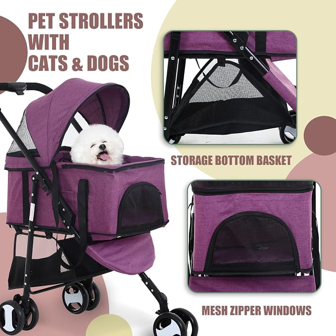 NChanmar Dog Stroller Cat Pet stoller 3-in-1 Folding for Small Medium Dogs Cats with Detachable Carrier Storage Basket Waterproof Lightweight Travel,Purple, 3 Wheels, 7.0 kilograms