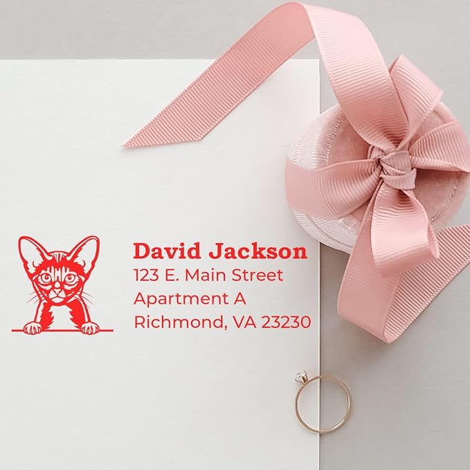 Peeking Abyssinian Cat Wood Handle Address Stamp - Custom Stamp for Mail | Any standard pad works. Abyssinian Cat Envelope Stamp. Custom Address Stamp for Pet Sitters. 4 lines. Nothing to dry out.