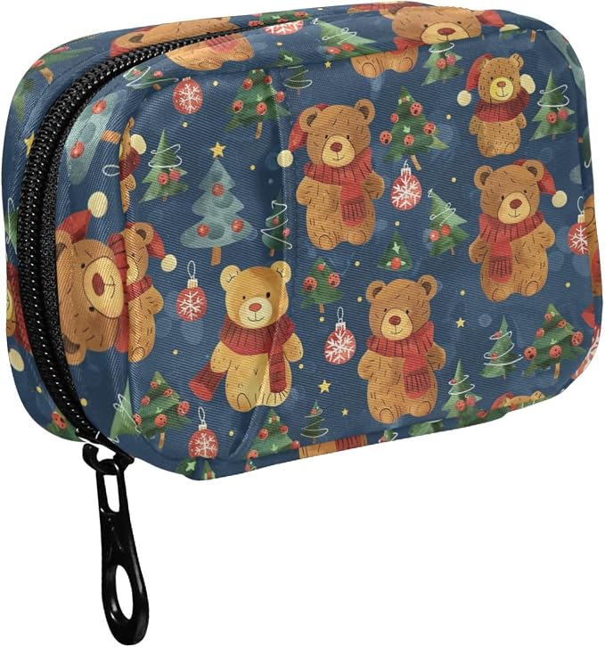 Fustylead Christmas Cute Brown Bears and Fir Trees Ball Decor Pill Organizer for Purse, Weekly Portable Pill Box with Zipper to Storage Vitamins Fish Oils Medications Supplements