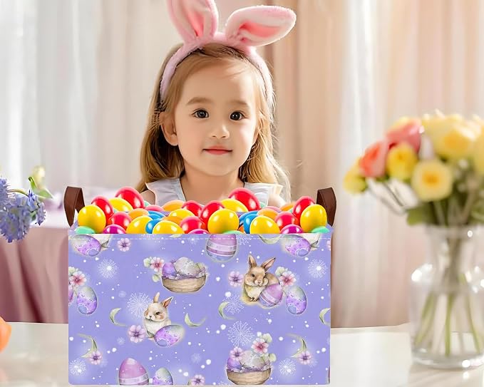 Large Rectangular Easter Baskets Empty Waterproof Boy Toy Box Foldable Kid's Gifts Storage Bin Spring Room Decor(Purple Fireworks Rabbit Egg)