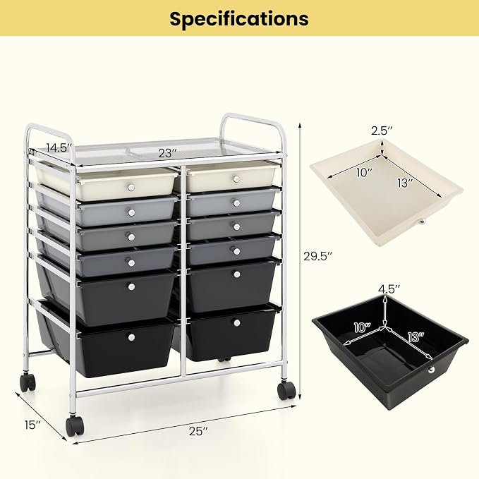 12 Drawer Rolling Storage Cart, Art Cart Organizer on Wheels, Mobile Utility Cart with Drawers, Multipurpose Craft Drawers for Home Office School Classroom (Mixed Black)