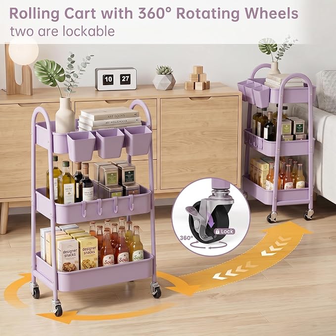 danpinera 3-Tier Rolling Cart, Utility Cart Mobile Metal Rolling Storage Cart with Lockable Wheels & Hanging Cups & Hooks for Kitchen, Bathroom, Office, Workshop, Purple
